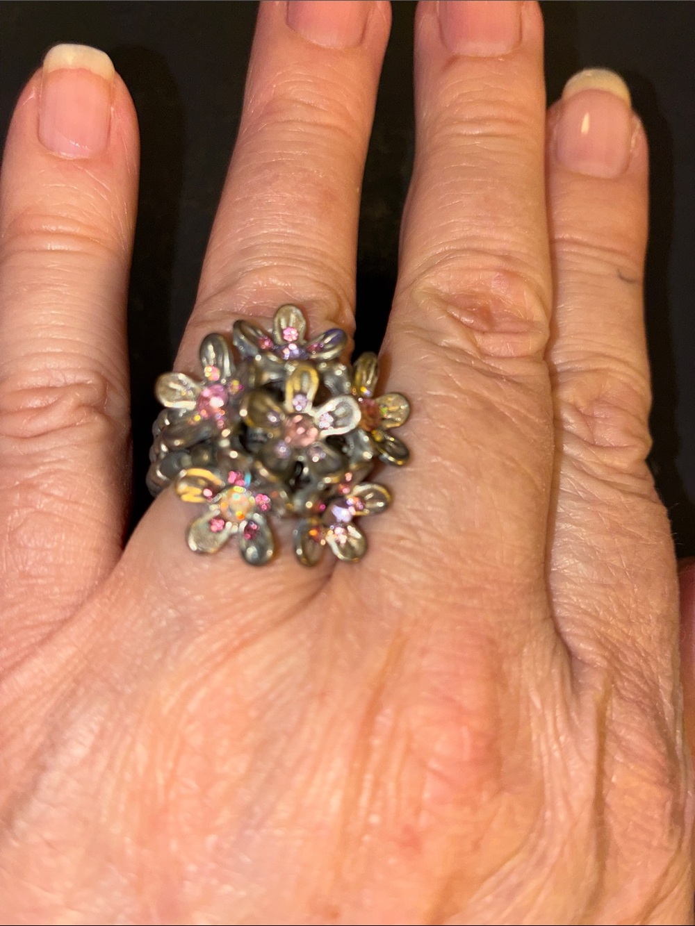Multi-Flower Stretch Cluster Ring with Pink Crystal Accents